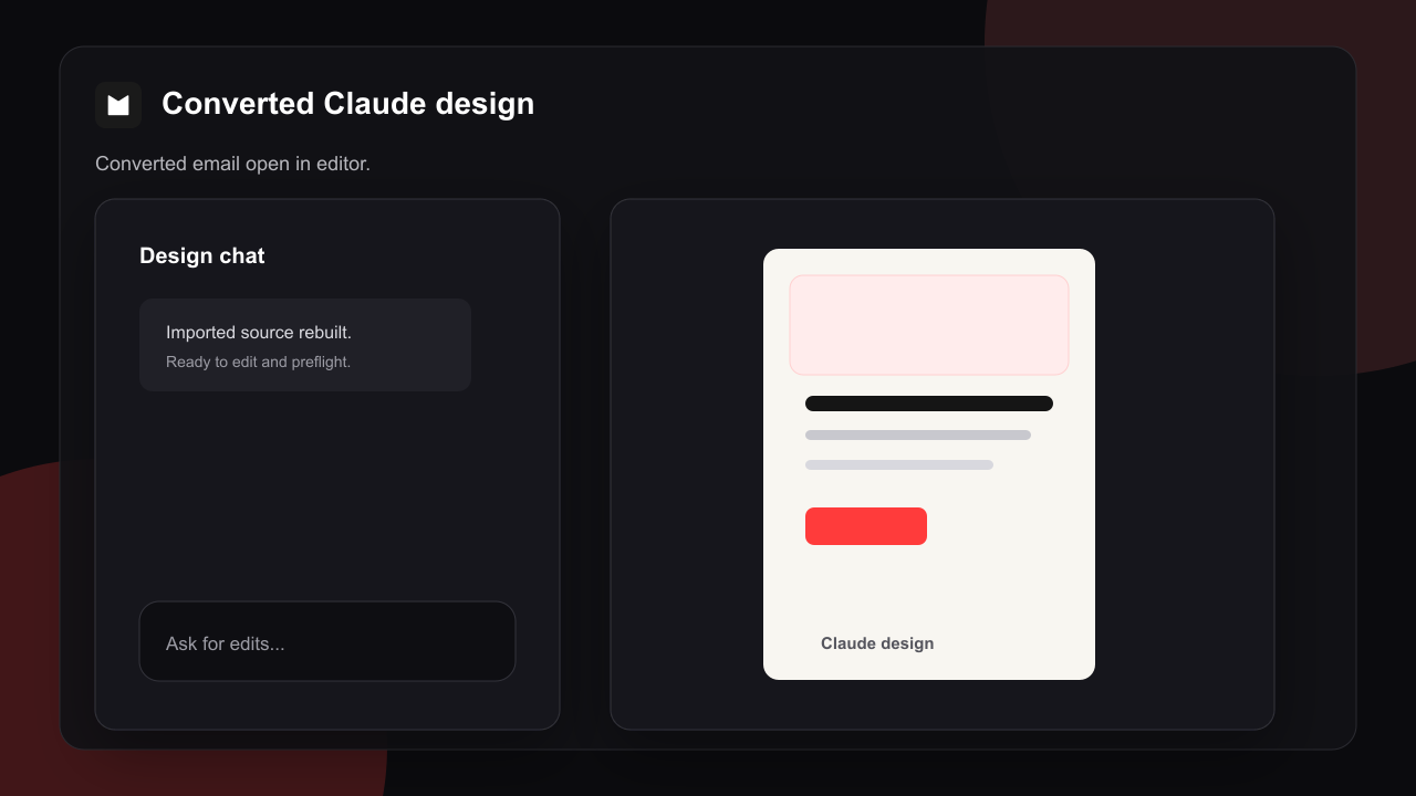 Diseño de Claude convertido en correo editable en Migma