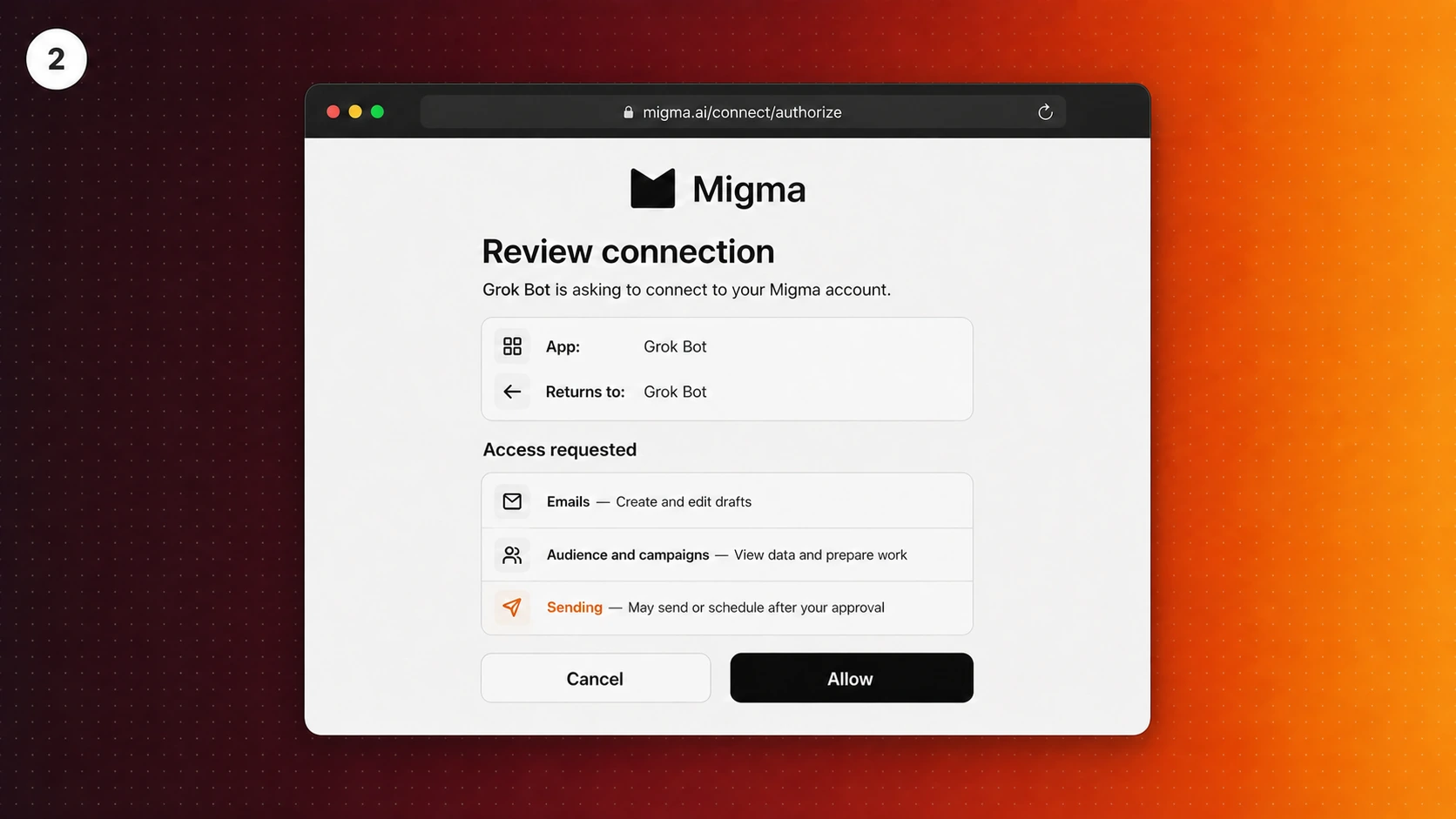 Migma access review for Grok Bot showing requested email and campaign permissions