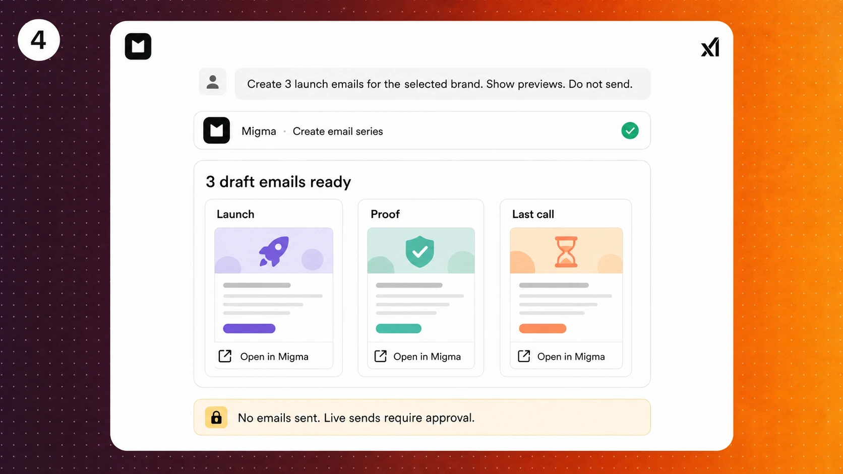 Three editable Migma email drafts returned inside Grok Bot