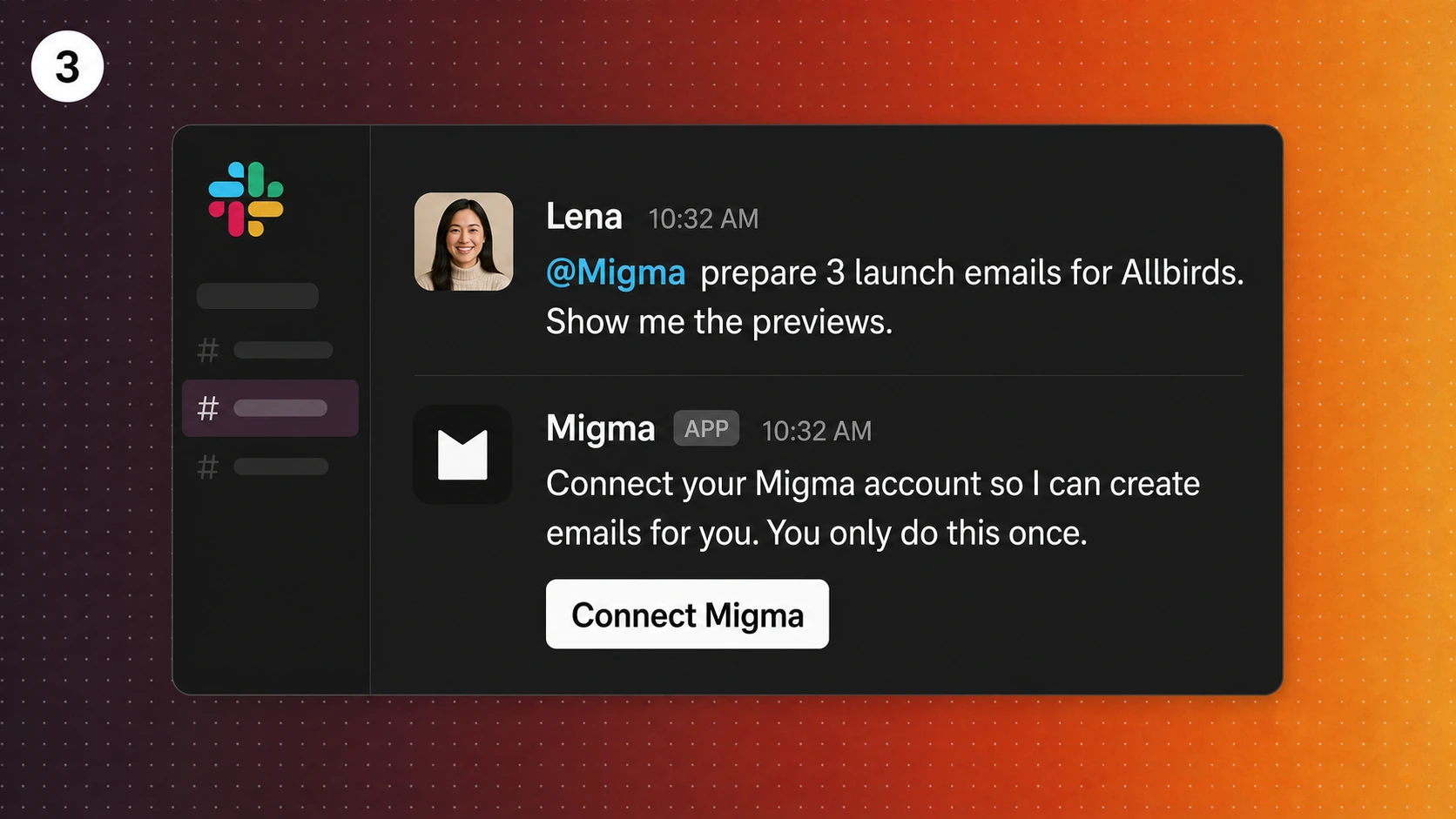 Slack thread showing the Connect Migma action