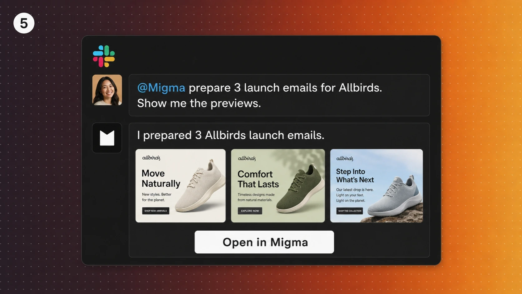 Slack thread with email previews and Open in Migma