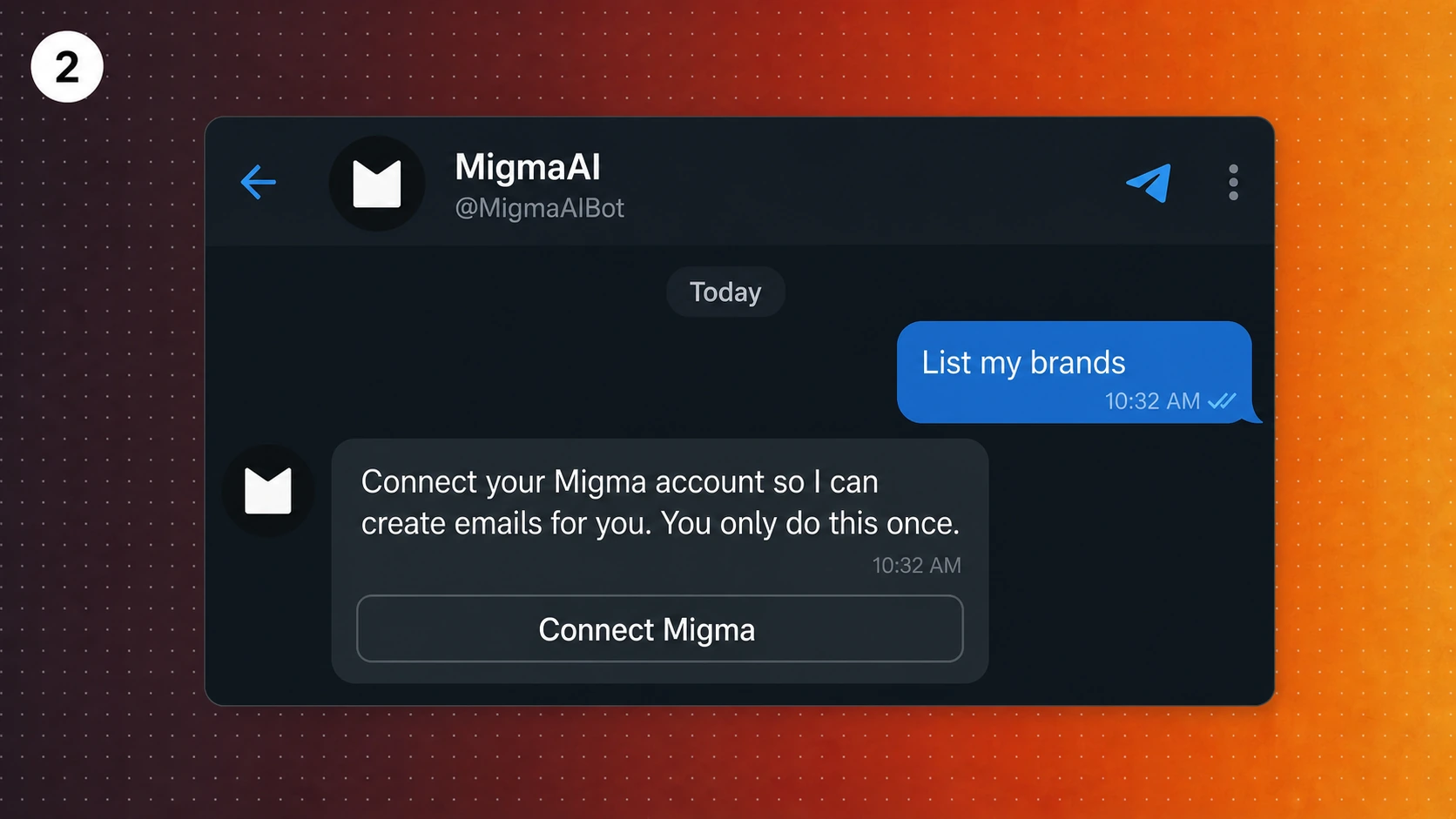 Telegram chat showing the Connect Migma action